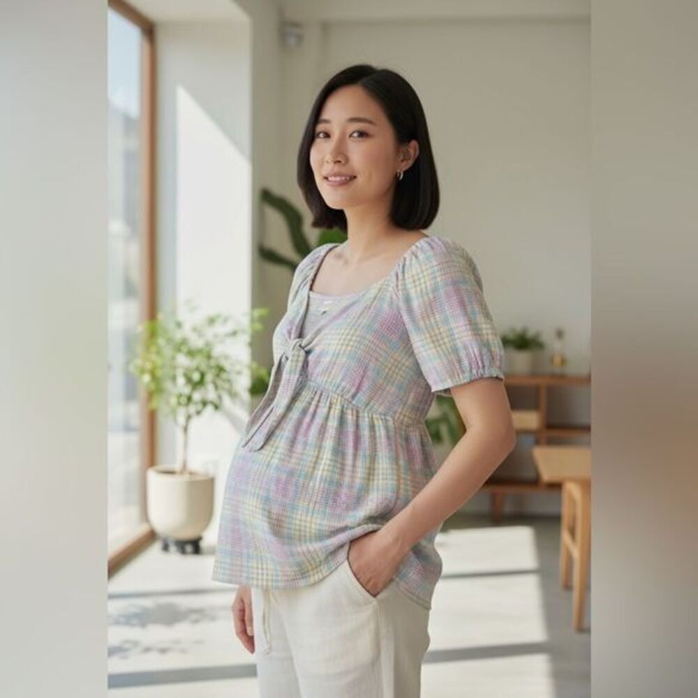 NWT Isabel Maternity Pastel Plaid Short Sleeve Top Blouse Smocking in Back - XXL